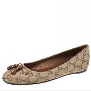 Authentic Gucci Beige Guccissima Canvas Bamboo Bow Tassel Ballet Flats